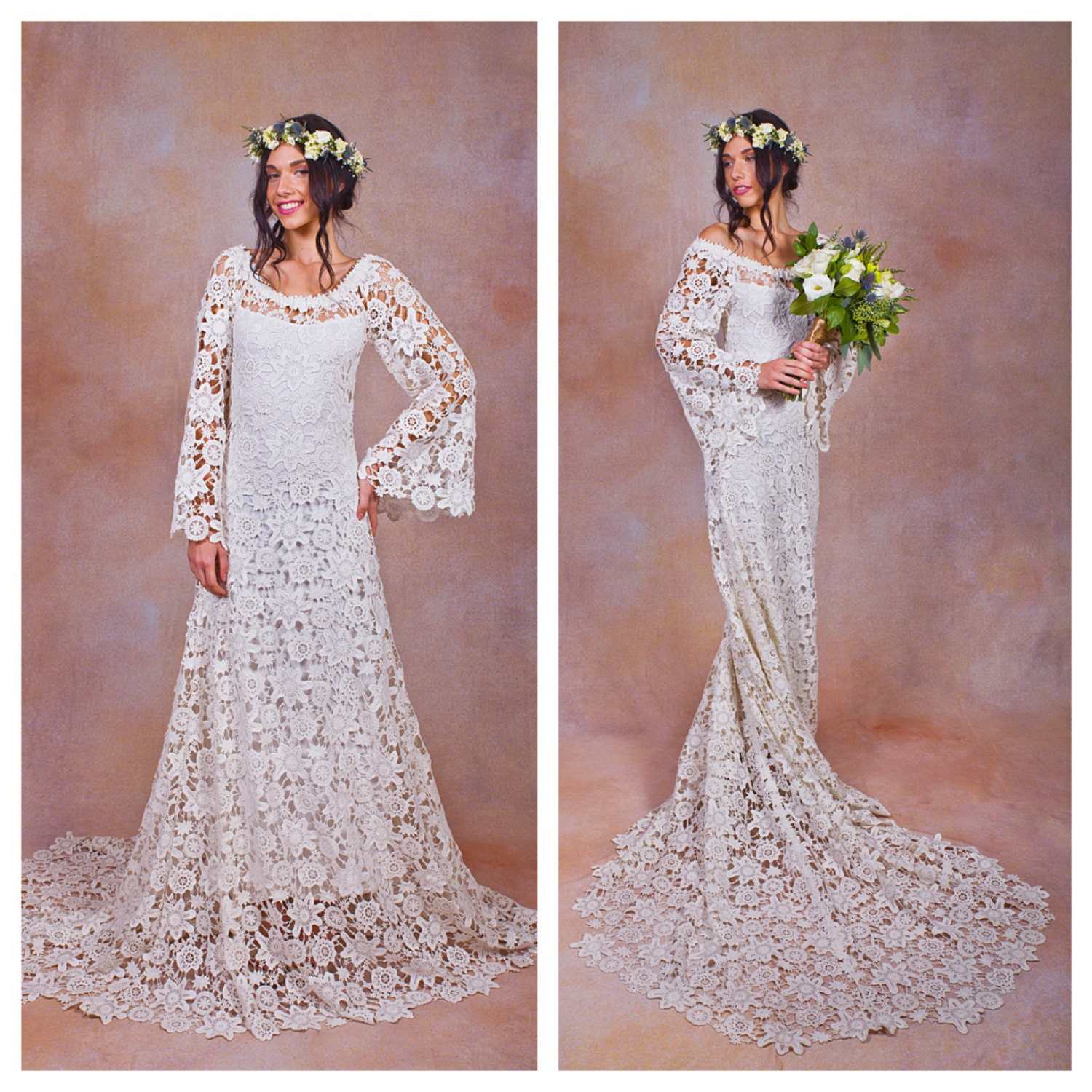 70s style Lace BOHEMIAN WEDDING DRESS. ivory or white crochet