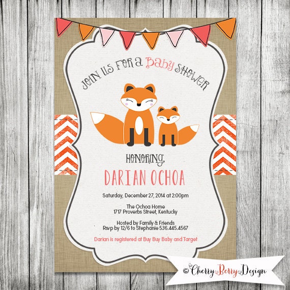 Baby Fox Girl Or Boy Baby Shower Invite 5x7 by CherryBerryDesign