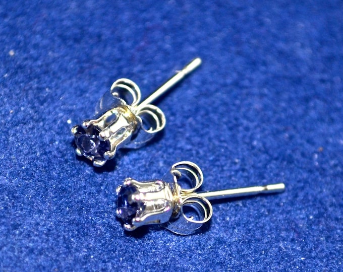 Iolite Stud Earrings, 3mm Round, Natural, Set in Sterling Silver E680