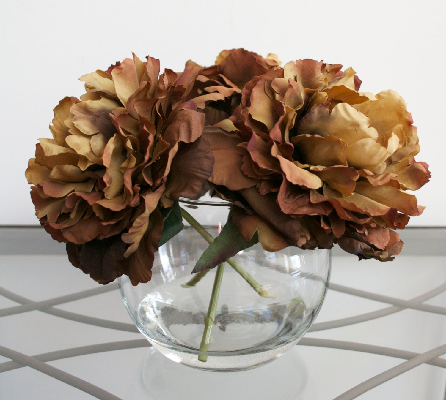 Brown Peonies Fall Flowers Silk Flower Arrangement in Round