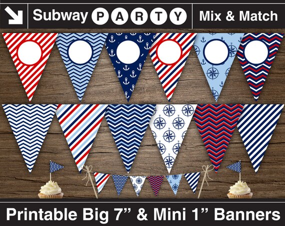 Nautical Party Printable Banner and Mini Cake Bunting. Navy Blue Red White. DIY Editable Banner Blank Text. INSTANT DOWNLOAD. Il_570xn