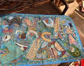 Indian Blue Tapastry Sequin Beaded Embroidery Patchwork Vintage Wall Decor Art