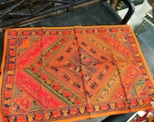 Indian Wall Tapestry Embroidered Orange Sari Patch Wall Hanging Throw