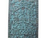 Vintage Indian Doors Blue Patina Radha Krishna Carving Wall Hanging Panel Yoga