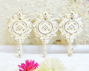 Set of 3 Cast Iron Wall Hooks/ Bath Wall Hooks/ white Coat Hooks/ Shabby Chic Wall Hooks/ Key Hooks/ Nursery Decor Hooks