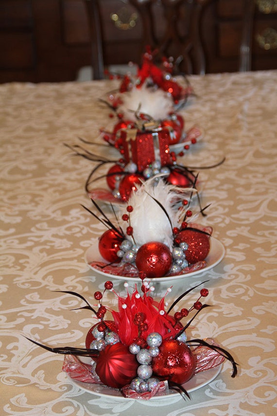 Set of Five Unique Christmas Feathered Centerpieces Red and