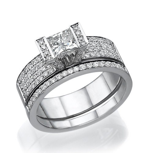18k bridal set Square Diamond Engagement Ring and wedding band