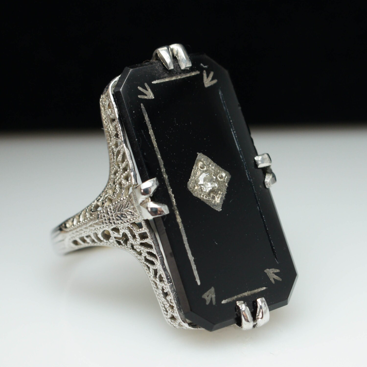 SALE Vintage Antique Art Deco Diamond & Onyx Ring 14k