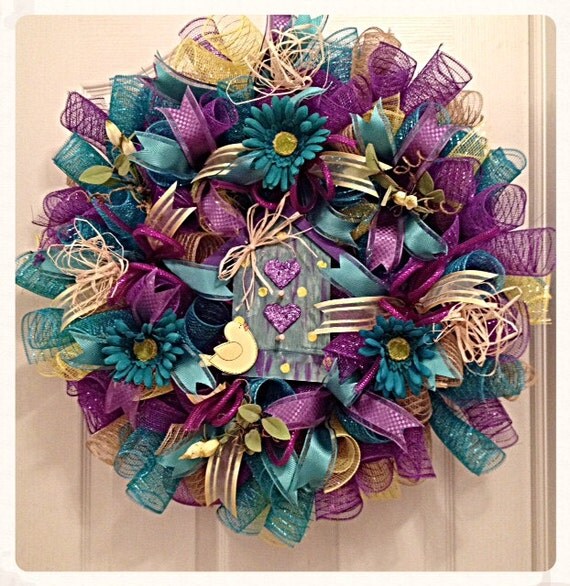 Birdhouse Teal Yellow and Purple Deco Mesh by CKDazzlingDesign