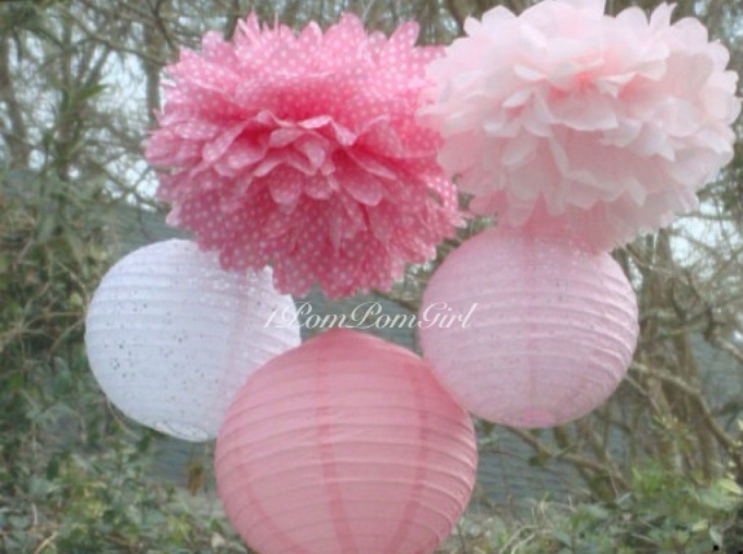 PINK LACE // 3 tissue paper pom poms/3 paper lanterns