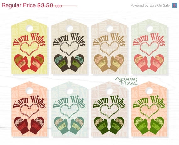ON SALE 70 % OFF Printable Gift Tags, Warm Wishes text, knitted mittens, hearts, Christmas stocking hang tag, home made gift, Png Pdf file, Il_570xn