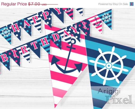 ON SALE 70 % OFF Happy Birthday Party Banner, nautical, printable, Pdf file, pink, turquoise, blue, striped, polka dot, anchor, rudder, inst Il_570xn