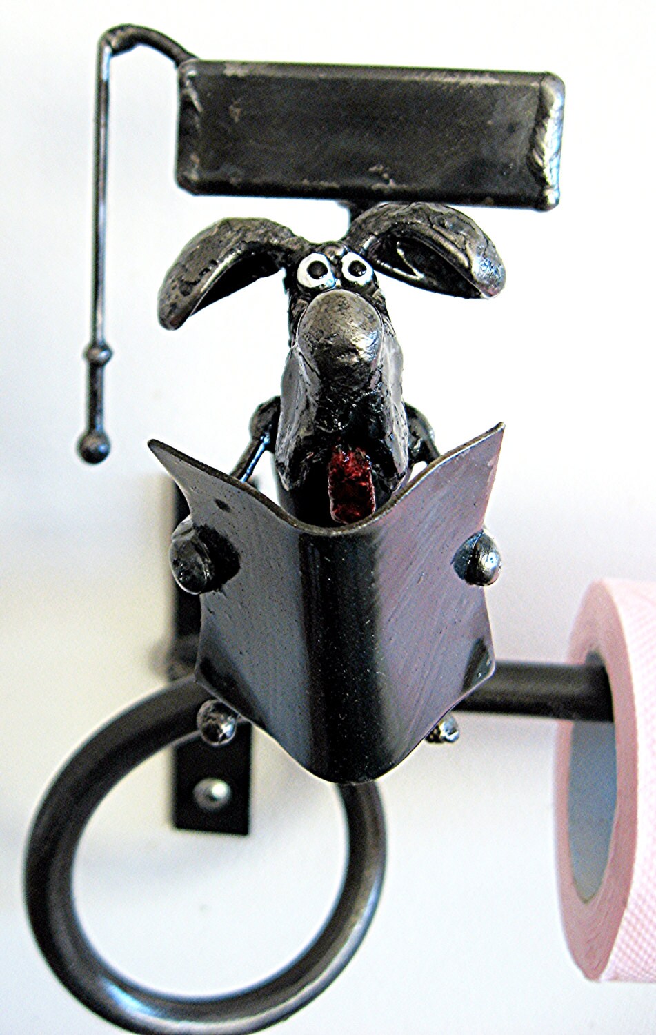 Dog Toilet Roll Holder with Dog Sitting on Toilet by