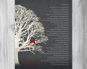 Personalized Wedding Gift Lyrics CANVAS or Print Family Tree Keepsake Customized First Dance Song Anniversary Gift Birds Rustic Red Gray
