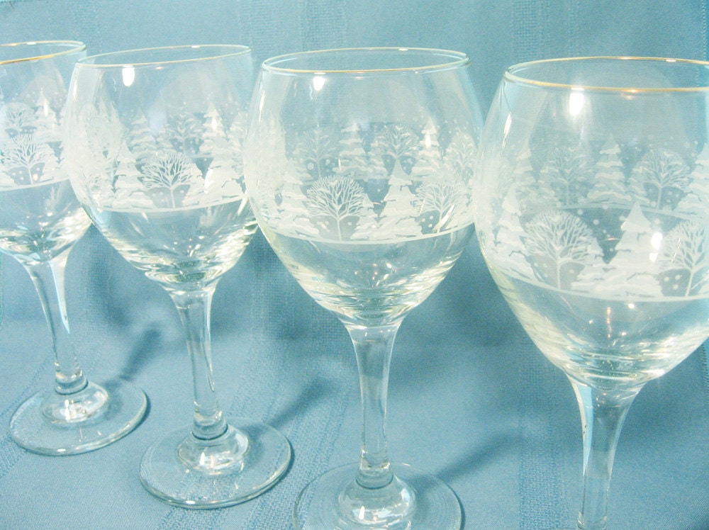 Wine glasses winter scene stemware pine trees by RoseArborVintage