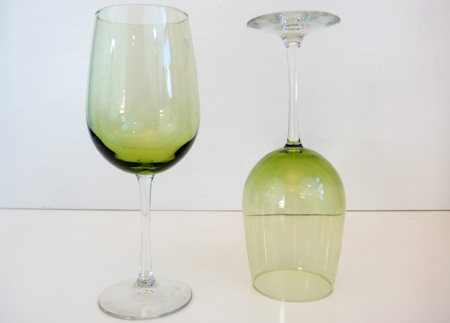 Vintage Set 4 Tall Green Crystal Wine Glasses Set of Four Large Wine