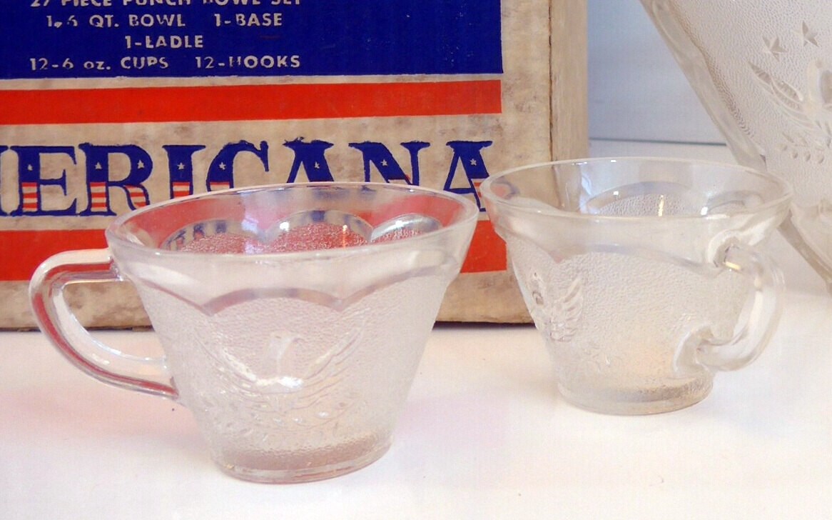 Vintage 1950s Federal Glass American Eagle Stars Glass Punch Bowl w/ 10