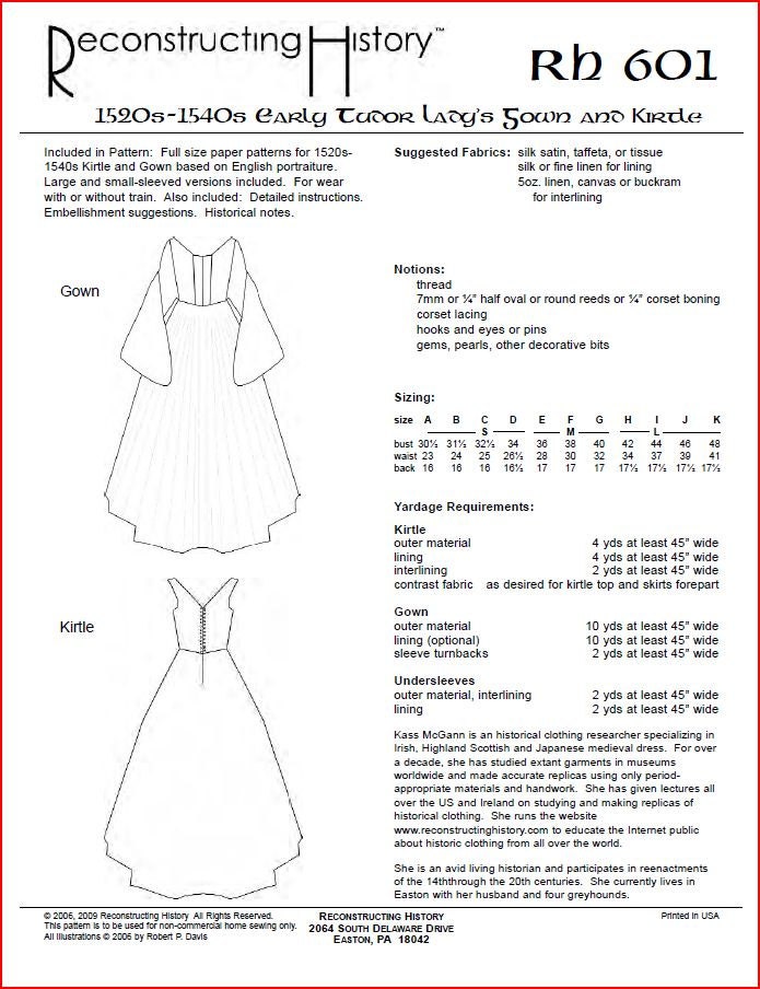 RC601 Early Tudor Lady's Gown & Kirtles Sewing Pattern