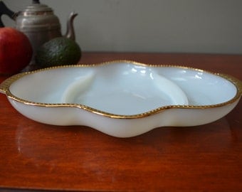 Fire King Relish Dish White Milk Glass with Gold Rim 1960 I Ship Internationally