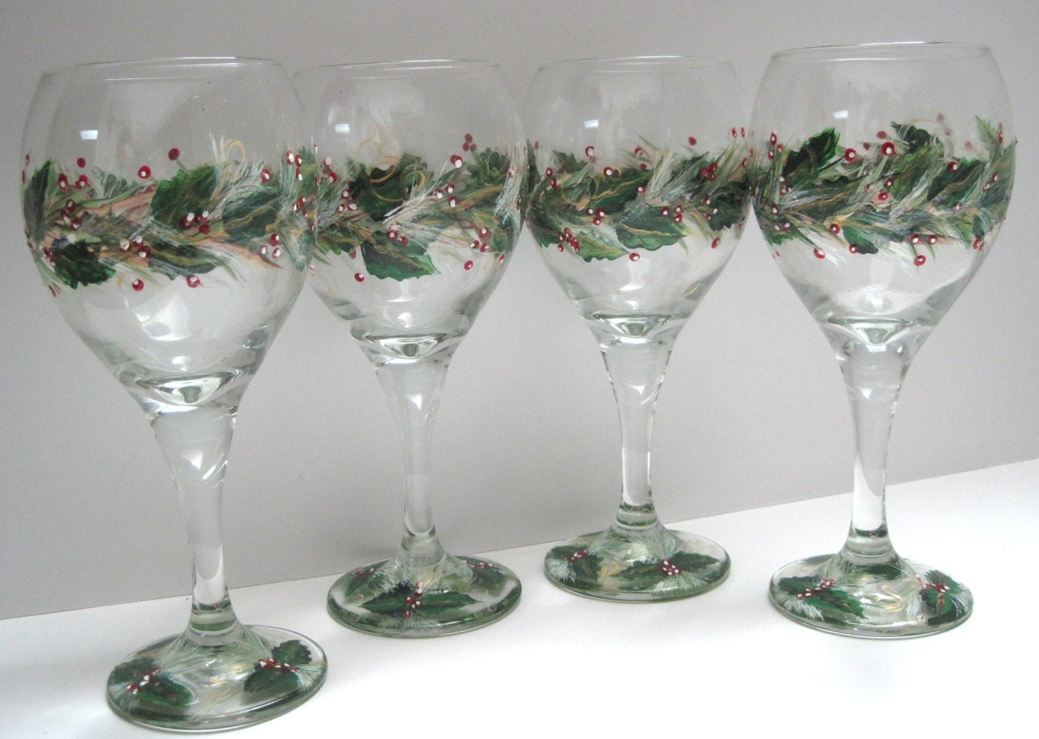 Wine Glasses Hand Painted Christmas Holly Leaves Red Berries