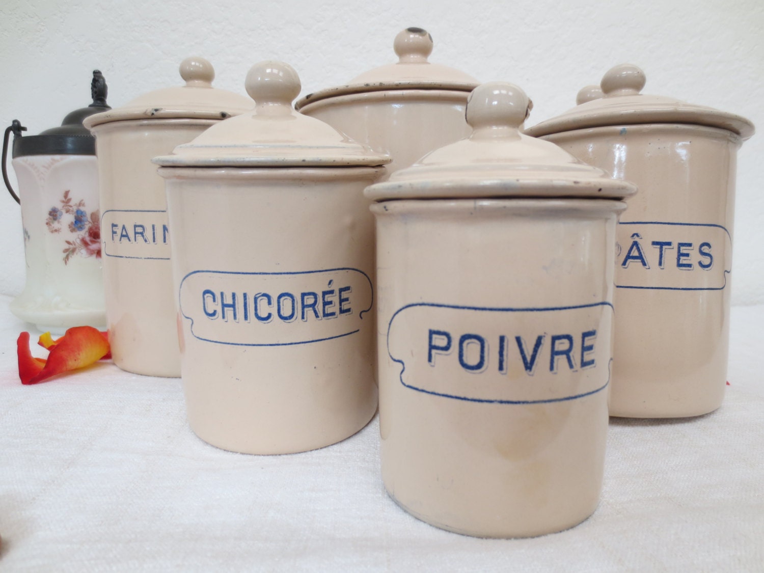 French Antique Enamelware Canister Set Vintage Canisters