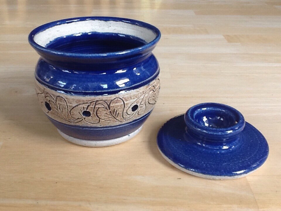Pottery Garlic Keeper Cobalt Blue with by