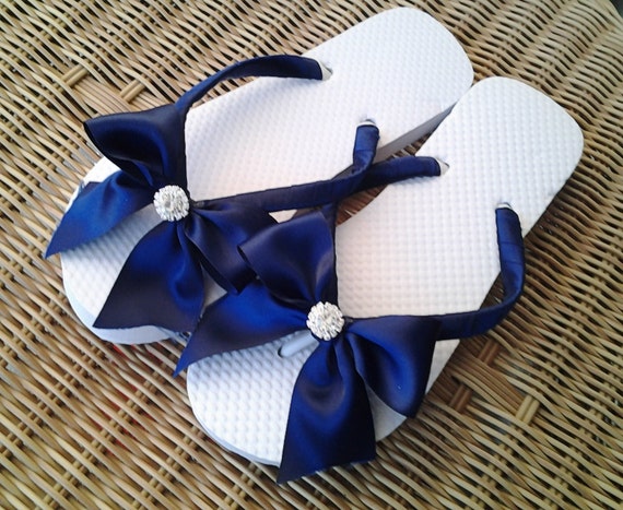 navy blue satin rhinestone flip flops sandal white bride