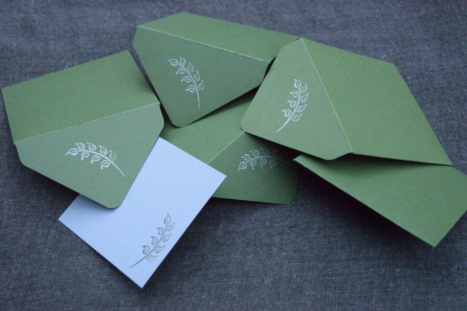 Set of handstamped leaf envelopes with insert gift card