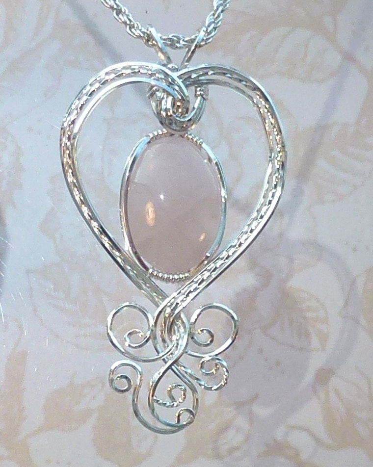 Heart Shaped Pink Rose Quartz Womans Pendant Wire Wrapped 9825