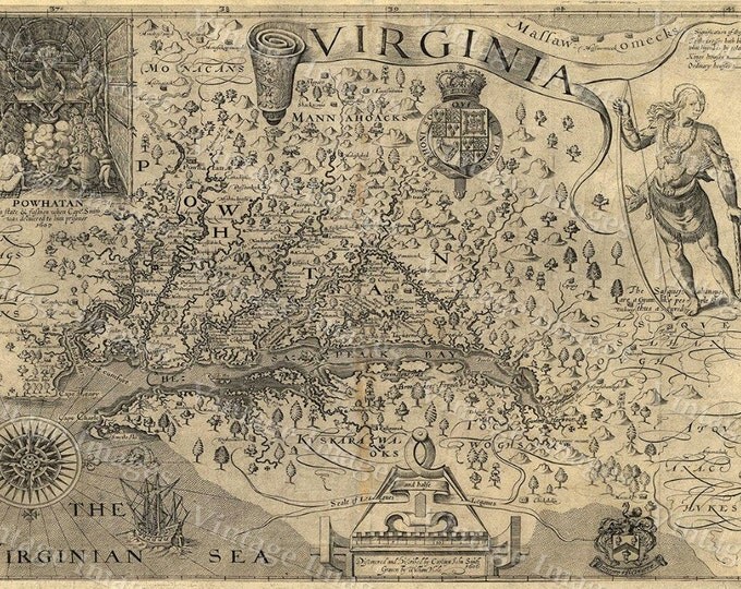 1607 historic Map of Virginia John Smith Old Antique Restoration Hardware Style Virginia wall Map six sizes up to 43" x 55' Old Virginia Map