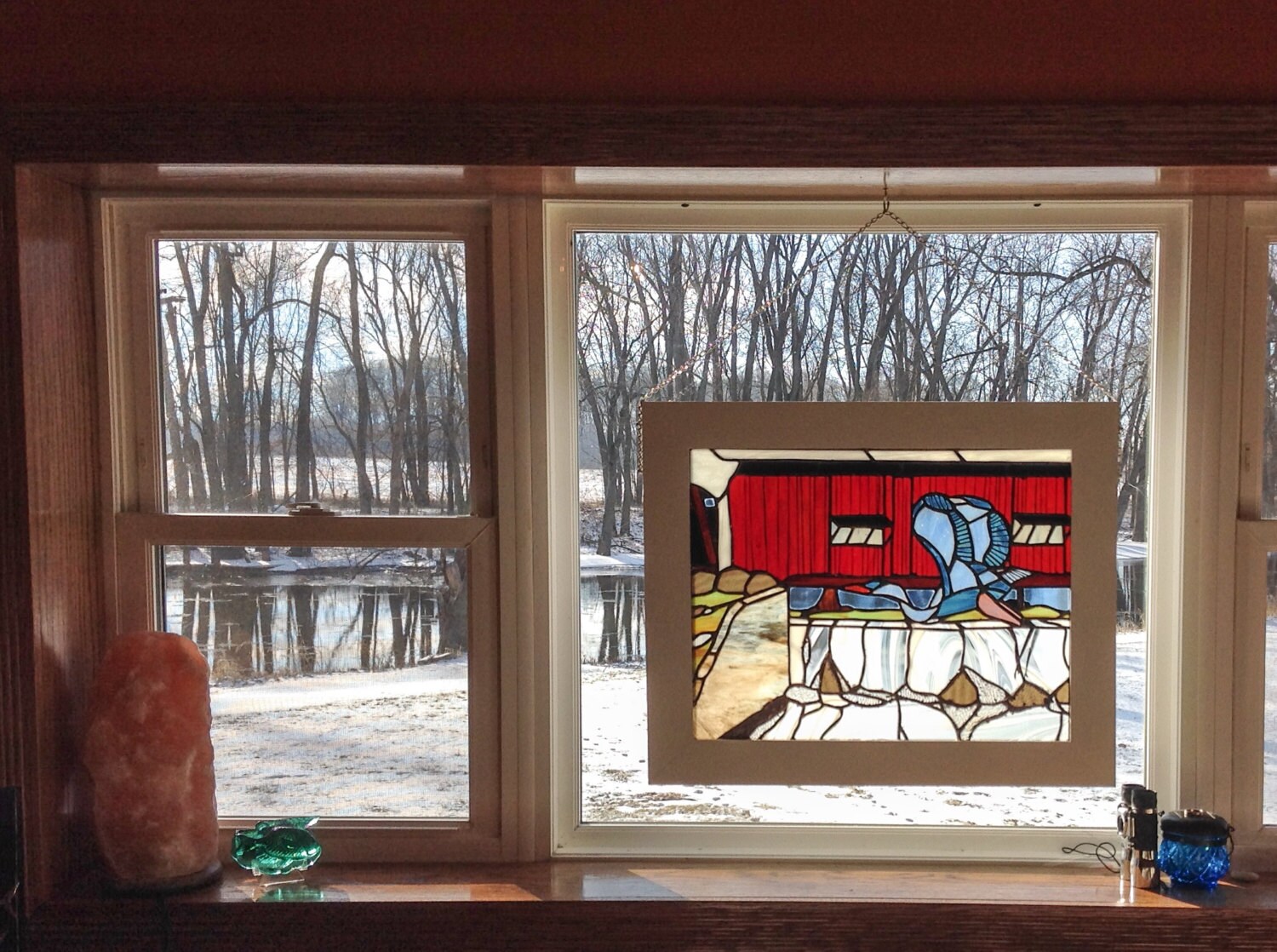 Great blue heron panel stained glass covered bridge stained