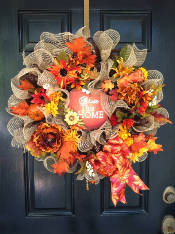 Large Mesh Ribbon Fall Wreath Bless This Home Thanksgiving