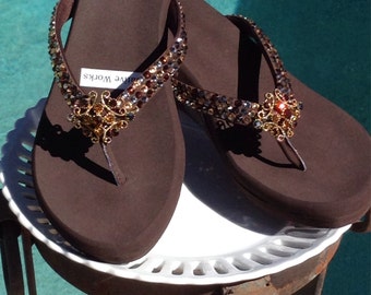 Brown Wedge Flojos Flip Flops with Gold and Brown filigree and black ...