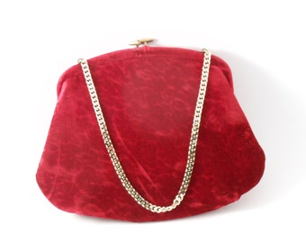 Vintage Morris Moskowitz 1950s Red Velvet Purse with Gold Chain; Midcentury Fashion