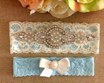 Blue Lace Bridal Garter- Wedding Garter Set - Crystal Rhinestone Garter and Toss Garter Set on Ivory and Blue Lace