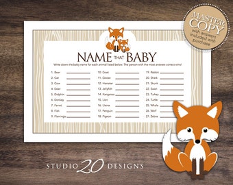 Instant Download Orange Fox Baby Shower Name That Baby Game, Printable Fox Baby Name Game, Orange Brown Fox Theme Baby Shower Game 65C