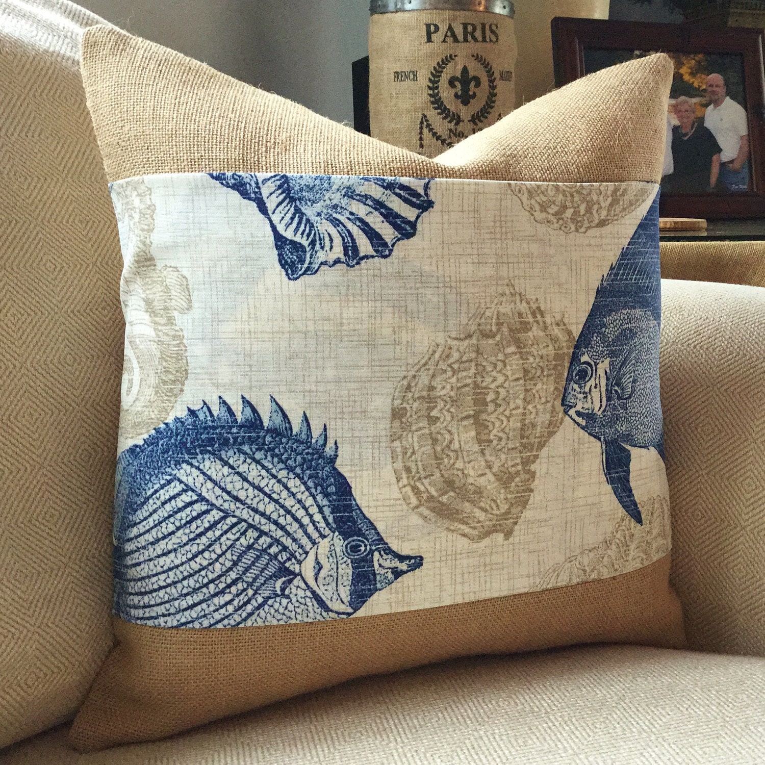 Fish sealife burlap coastal pillow cover 18x18