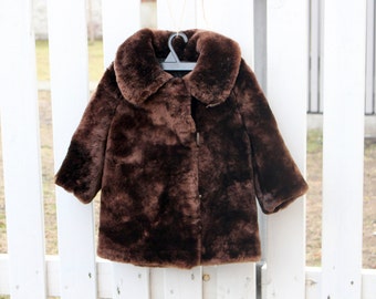 Vintage Kids Fur Coat for 2-4 yrs, Brown Mouton Fur Coat, Sheared Lamb Sheep Coat, Russian Coat, Retro Children Clothing, USSR era 1980s