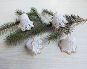 White Golden Lace Crochet Christmas Bell Ornaments, Handmade Christmas Home Decor