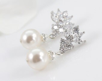 Ellena - Wedding Earrings, Bridal CZ Earrings, Crystal And Pearl Earrings, Wedding Jewelry, Cubic Zirconia, Bridesmaids Earrings