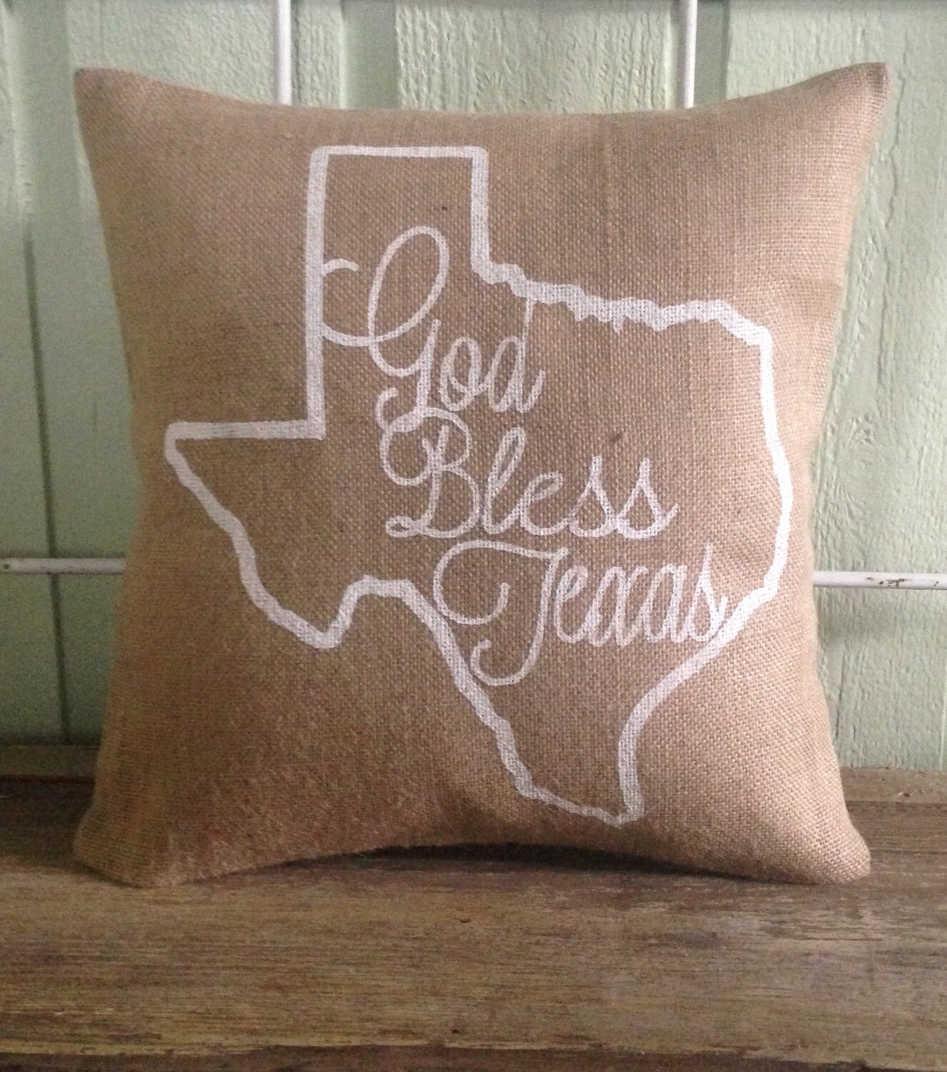 Burlap Pillow State of Texas burlap pillow God by TwoPeachesDesign