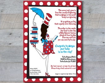 Dr Seuss Baby Shower Invitation - Custom Printable - Cat in the Hat, Pregnant Girl Silhoutte, books, library, dr seuss, polka dot, read, mom