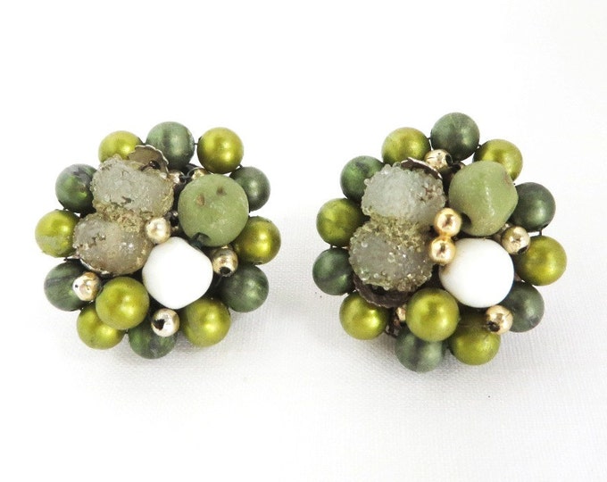 Vintage Japan Green Bead Earrings, Cluster Clip-on Earrings, 1950s Jewelry, Gift for Her