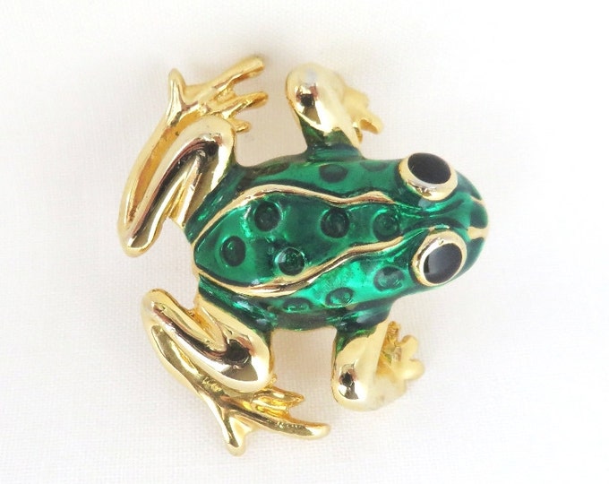 AAI Frog Brooch, Vintage Green Frog Brooch, Goldtone Frog Pin, Free Shipping