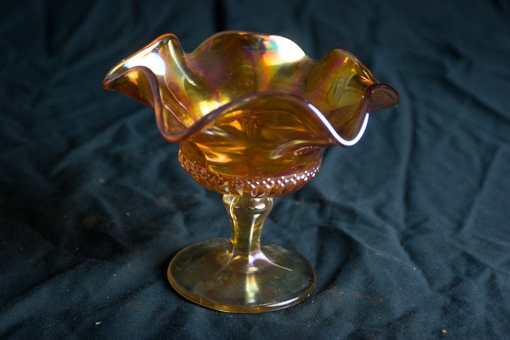 Vintage Amber Carnival Glass Pedestal Candy Dish Nut Bowl