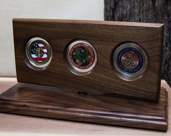 Military Coin Holder, Challenge Coin Display, Military Gifts, Natural Black Walnut wood, 3-coin, Made in America - RCD3-BW