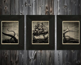 Complete set of 3 Kraken art prints Sailors delight on Upcycled vintage Dictionary page #0007
