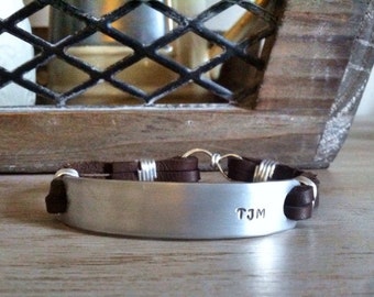 Personalized Mens Silver Leather Cuff Bracelet - Custom Leather Bracelet