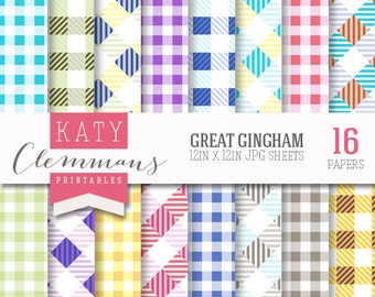 Gingham digital paper red yellow and blue check gingham