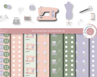 Sewing Clipart and Scrabooking Paper Set, Digital Clip Art, Scrapbook Kit, Scrapbooking, Crafts, Sewing Machine, Thread, Printable, Retro,